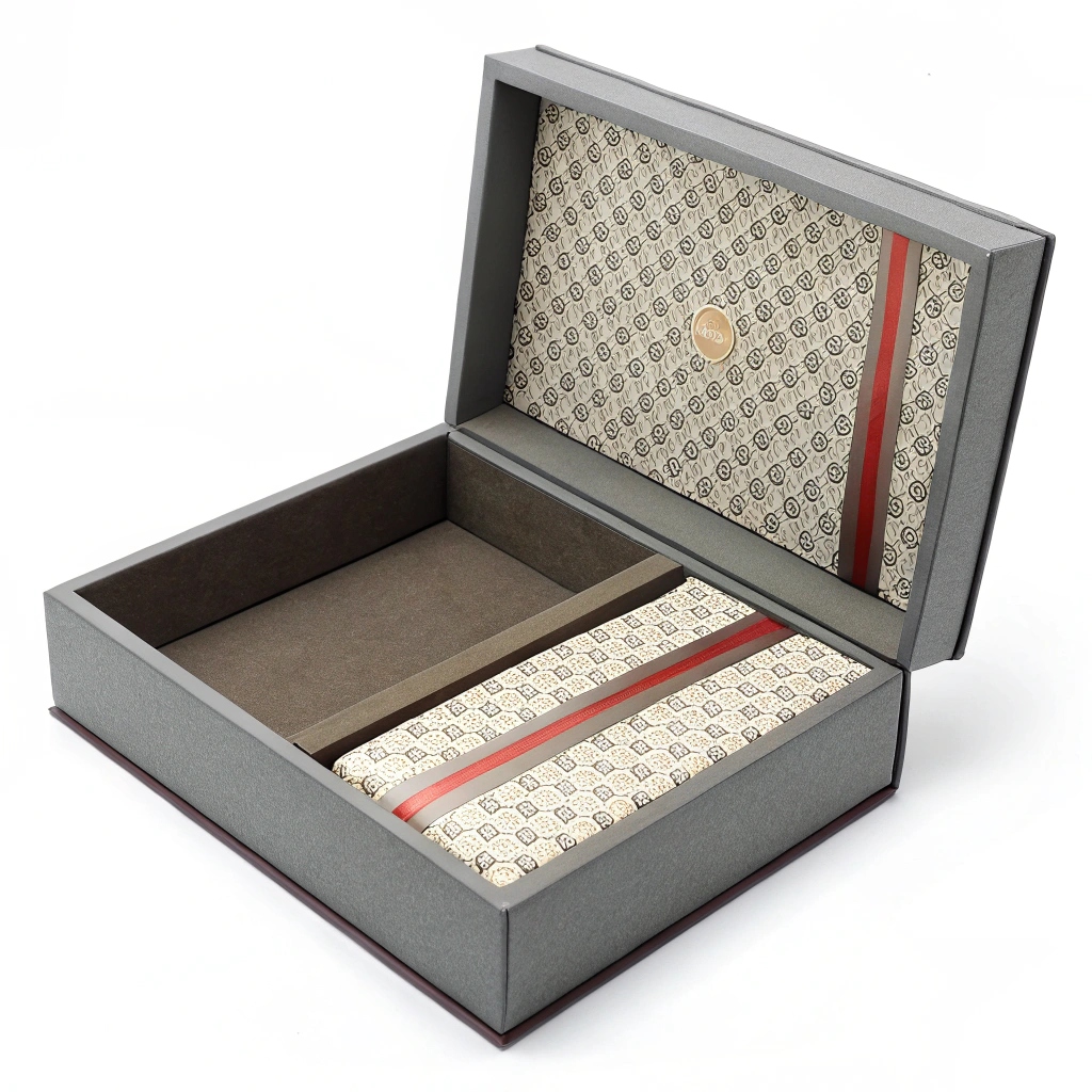 An exploded view of a rigid box showing the greyboard structure and the outer wrap paper.