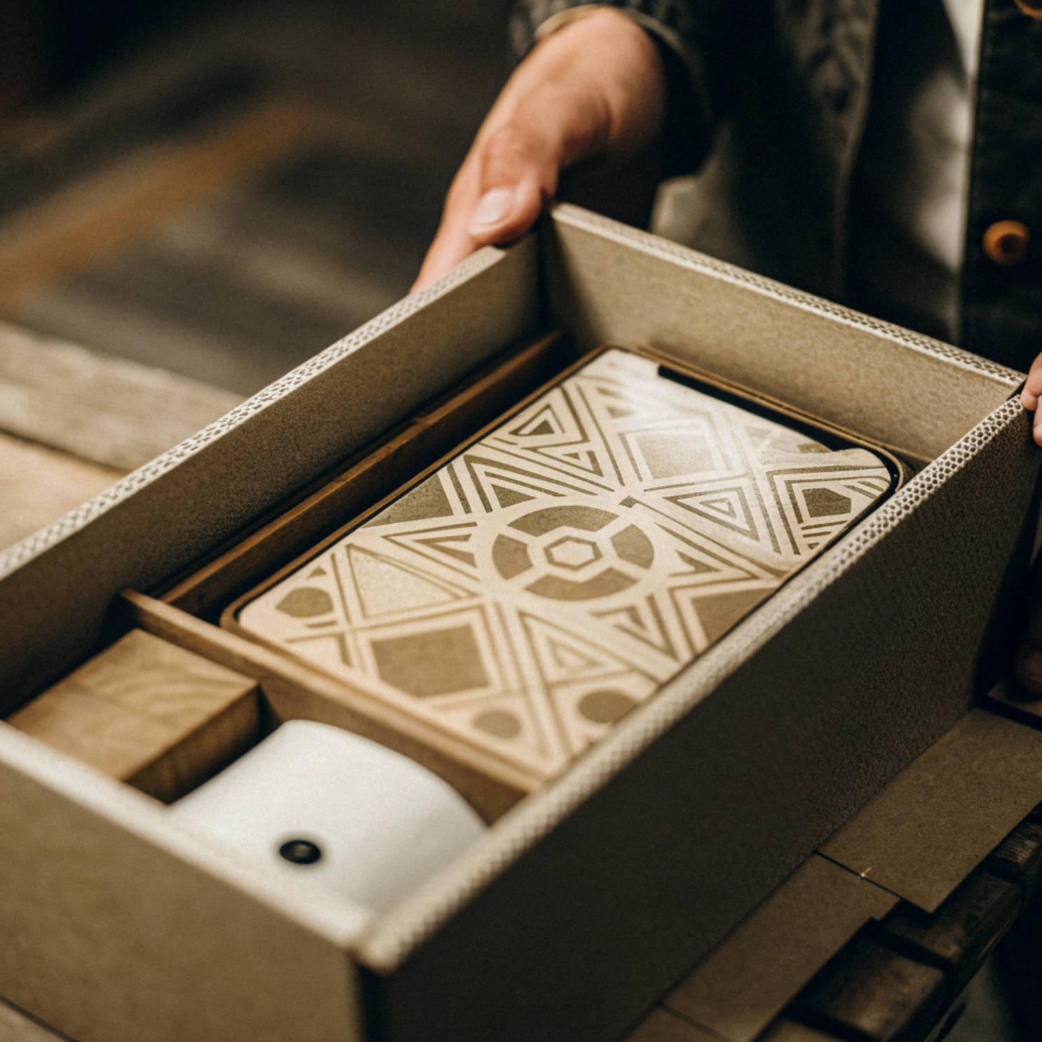 Gift Box Design Trends A modern, minimalist rigid box with an AR trigger code next to a sleek tech product.