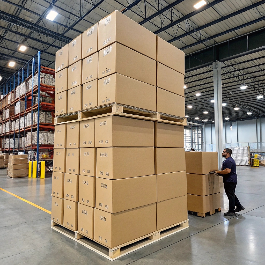 A stack of non-collapsible rigid boxes taking up space in a warehouse, illustrating the shipping volume issue.